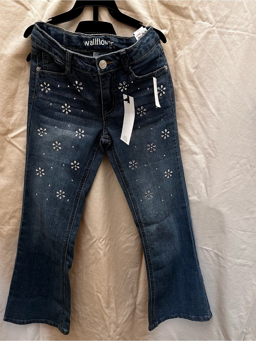 Girls Wallflower Dark Blue Floral Studded Flare Jeans